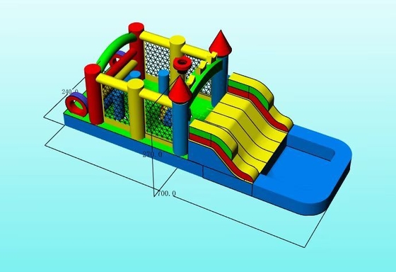 Jeu de fête en plein air dans le jardin, pelouse, gonflable, combo château gonflable, parcours d'obstacles avec toboggan, piscine et fosse à balles