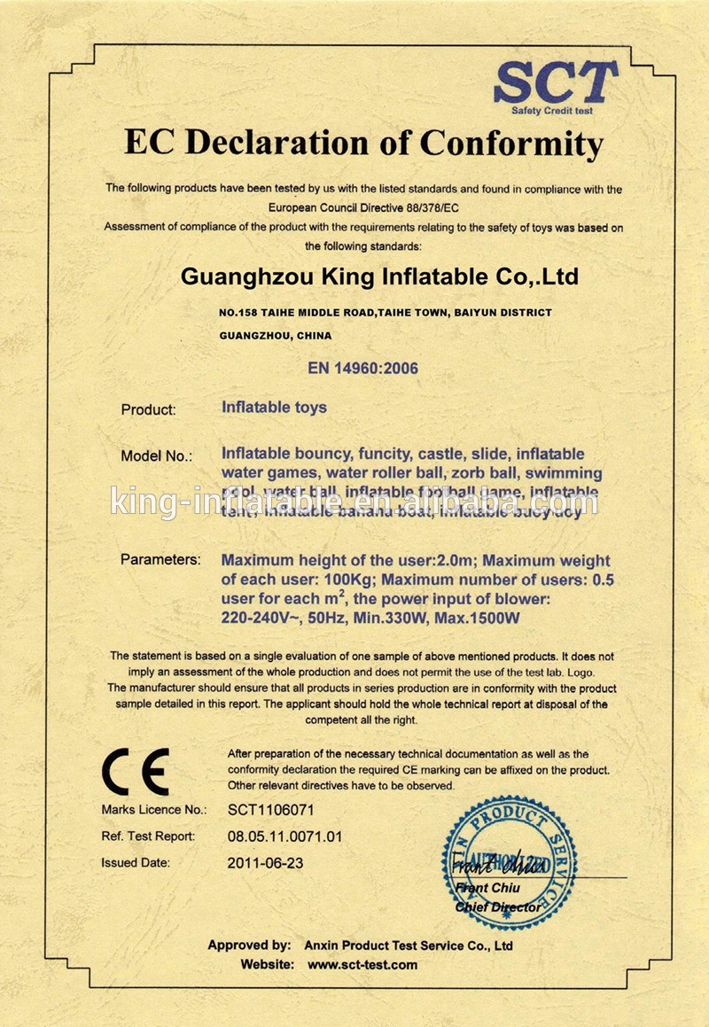 Chine King Inflatable Co.,Limited Certifications